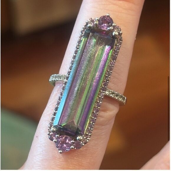 COLORSHIFT RING AMETHYST, QUARTZ & TOPAZ 10+ CARATS RHODIUM OVER SS SIZE 7 NEW - Picture 4 of 14